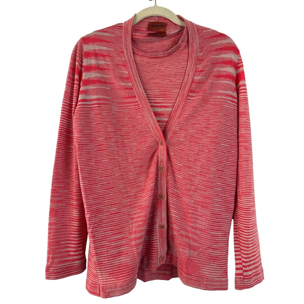 Missoni Women's Red Striped 100% Wool 2 Piece Cardigan Tank Set Size 48 Italy M